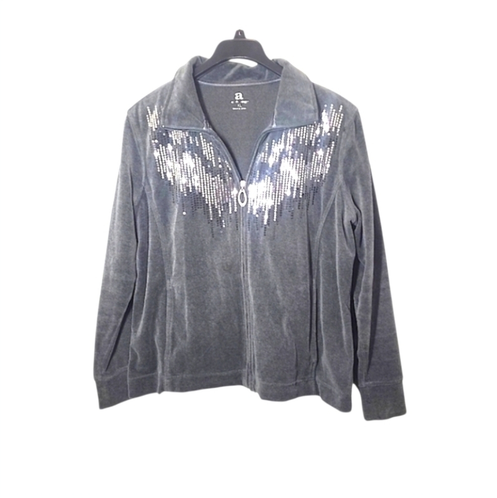 Activology Velour Sparkle Zip-Up Jacket Gray XL